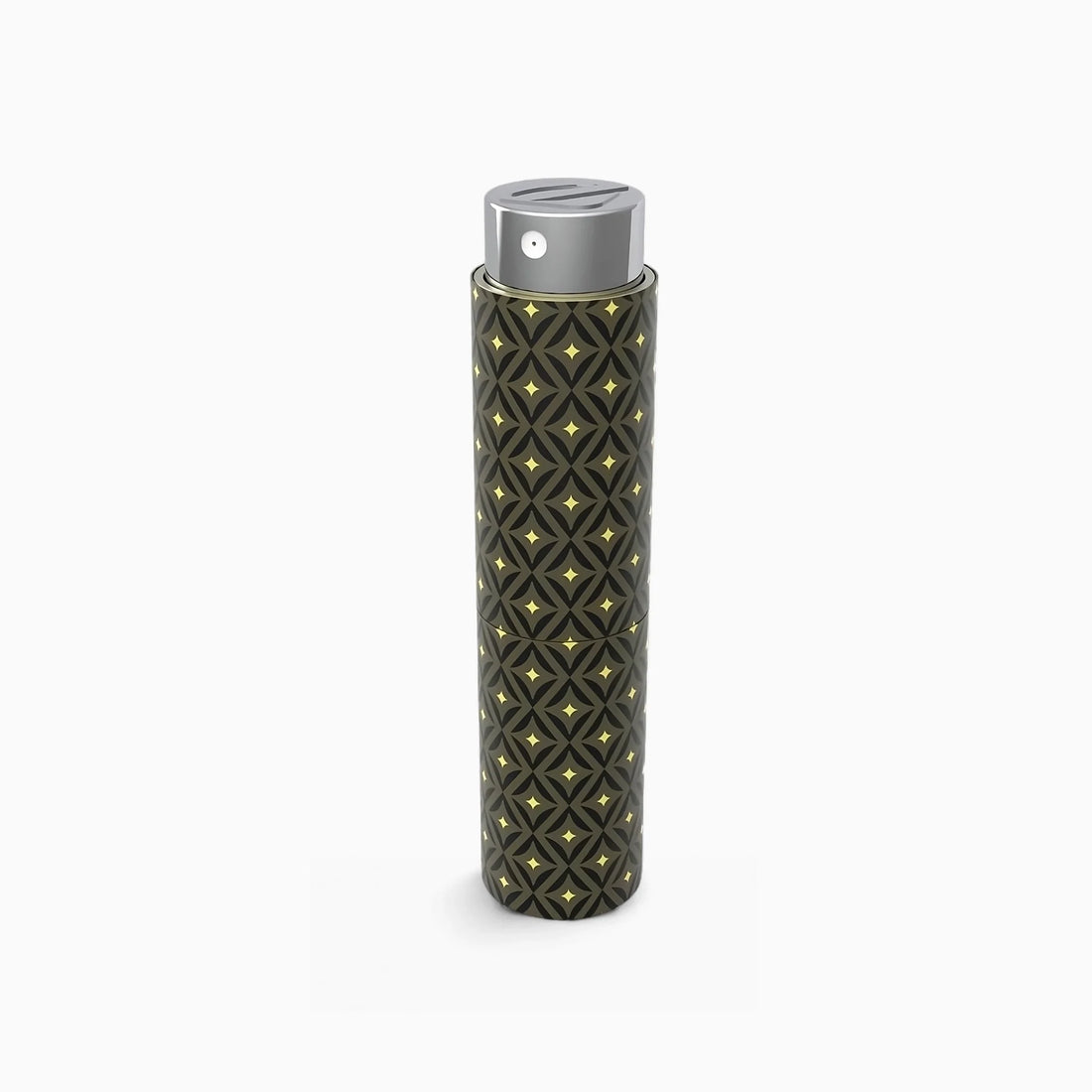 Olfazeta by Chogan pocket case with black and gold star pattern, chrome cap, on white background